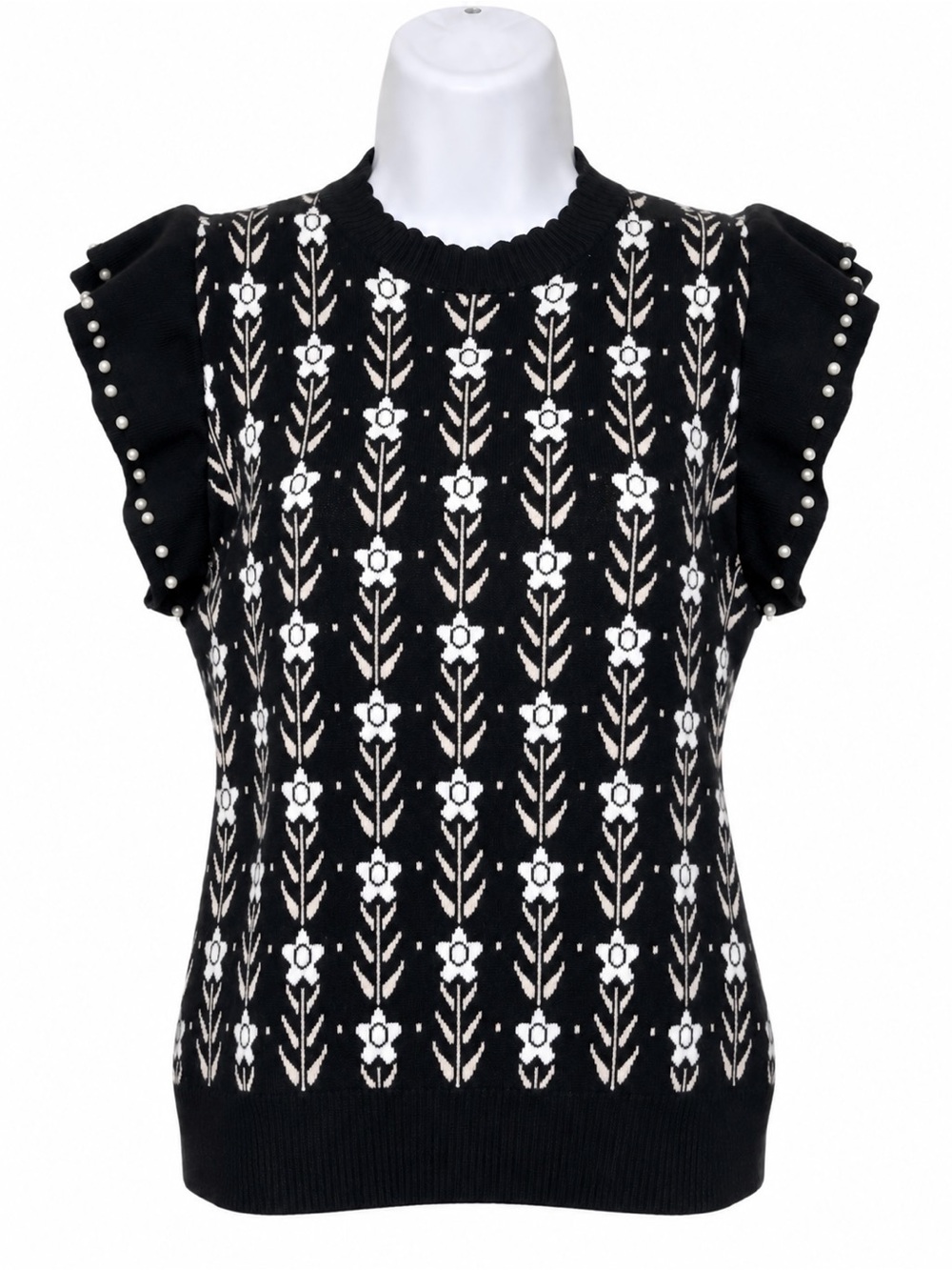 Ontwelfth Black Floral Jacquard Stretch Ruffle Sleeve Top For Women Size S